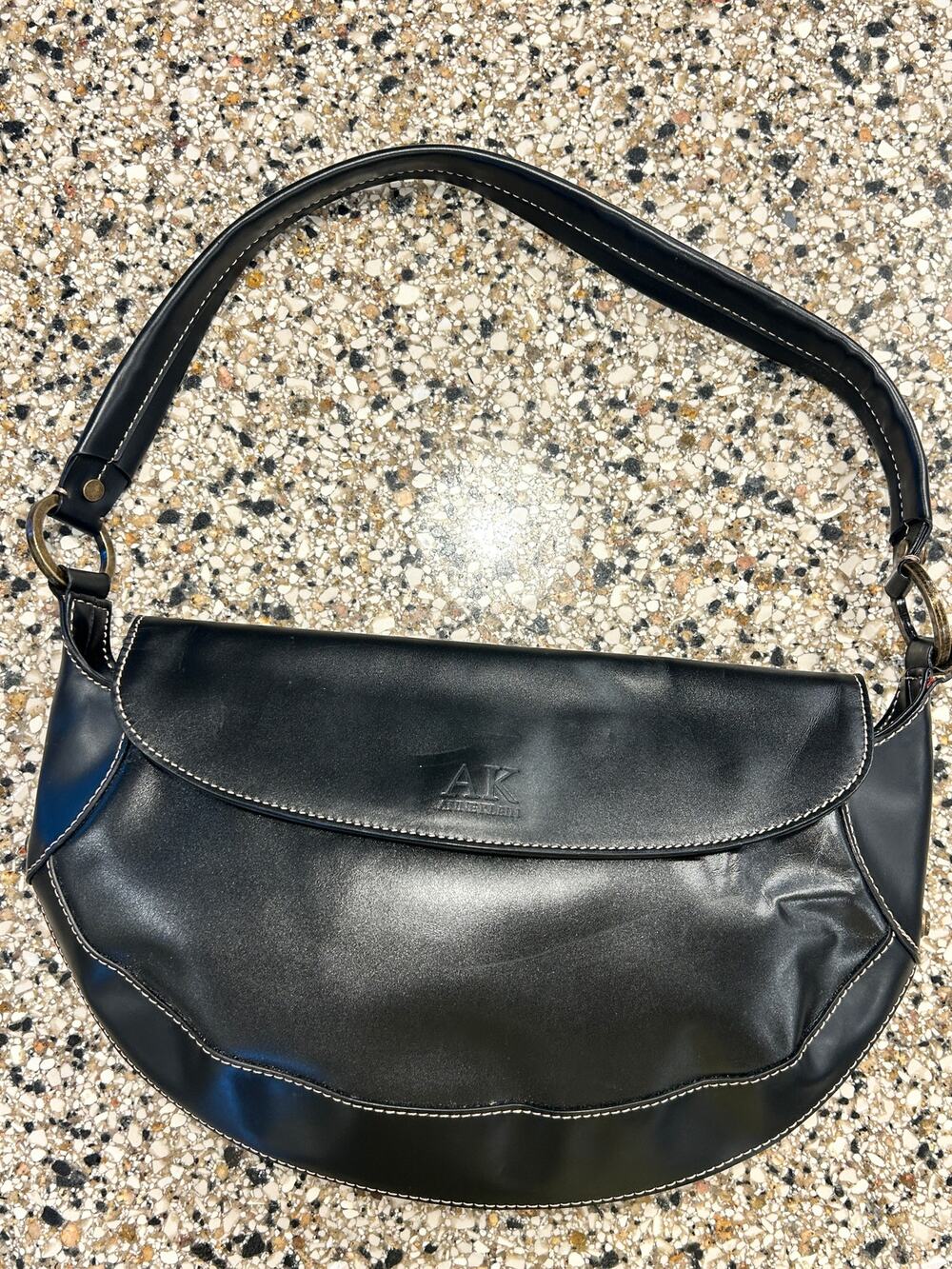 Vintage Anne Klein Black Leather Half Moon/Crescent Shoulder Bag